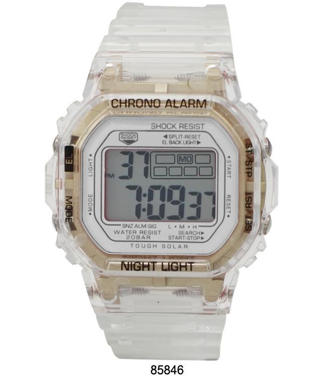 Chandler Smokey Transparent LCD Watch with transparent/gold case and white face, showcasing its stylish design and silicon band.