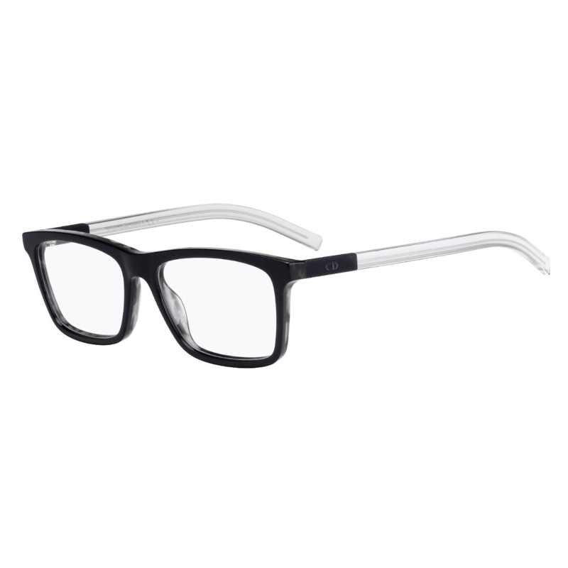 Christian Dior Black Tie 215-LMX Men's Blue Havana Crystal Square eyeglasses with acetate frame and 54mm lenses, displayed elegantly.