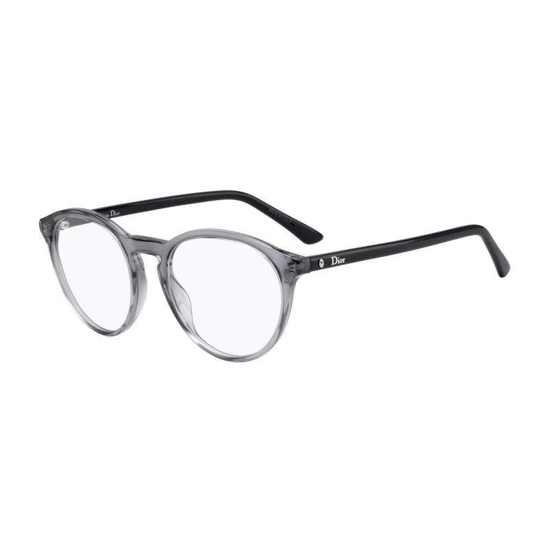 Christian Dior Montaigne 53-KB7 Women's Grey Round Acetate Frame 48mm Lens Optical Eyeglasses displayed elegantly with a case and cleaning cloth.