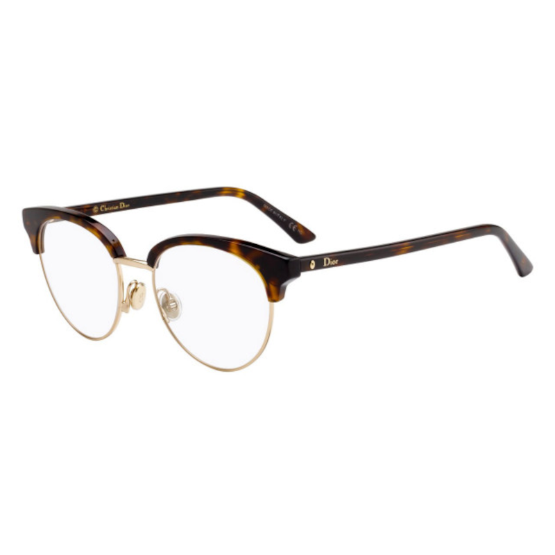 Christian Dior Montaigne 58-QUM Women's Dark Havana Gold Browline Eyeglasses with metal frame and 50mm lens, elegantly displayed.