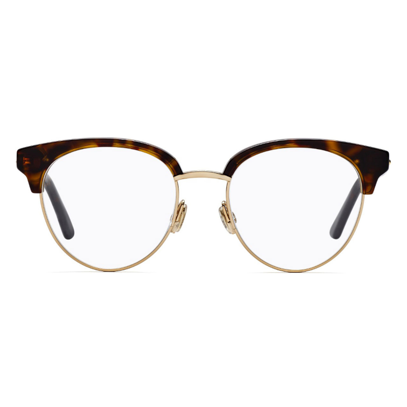 Christian Dior Montaigne 58-QUM Women's Dark Havana Gold Browline Eyeglasses with metal frame and 50mm lens, elegantly displayed.