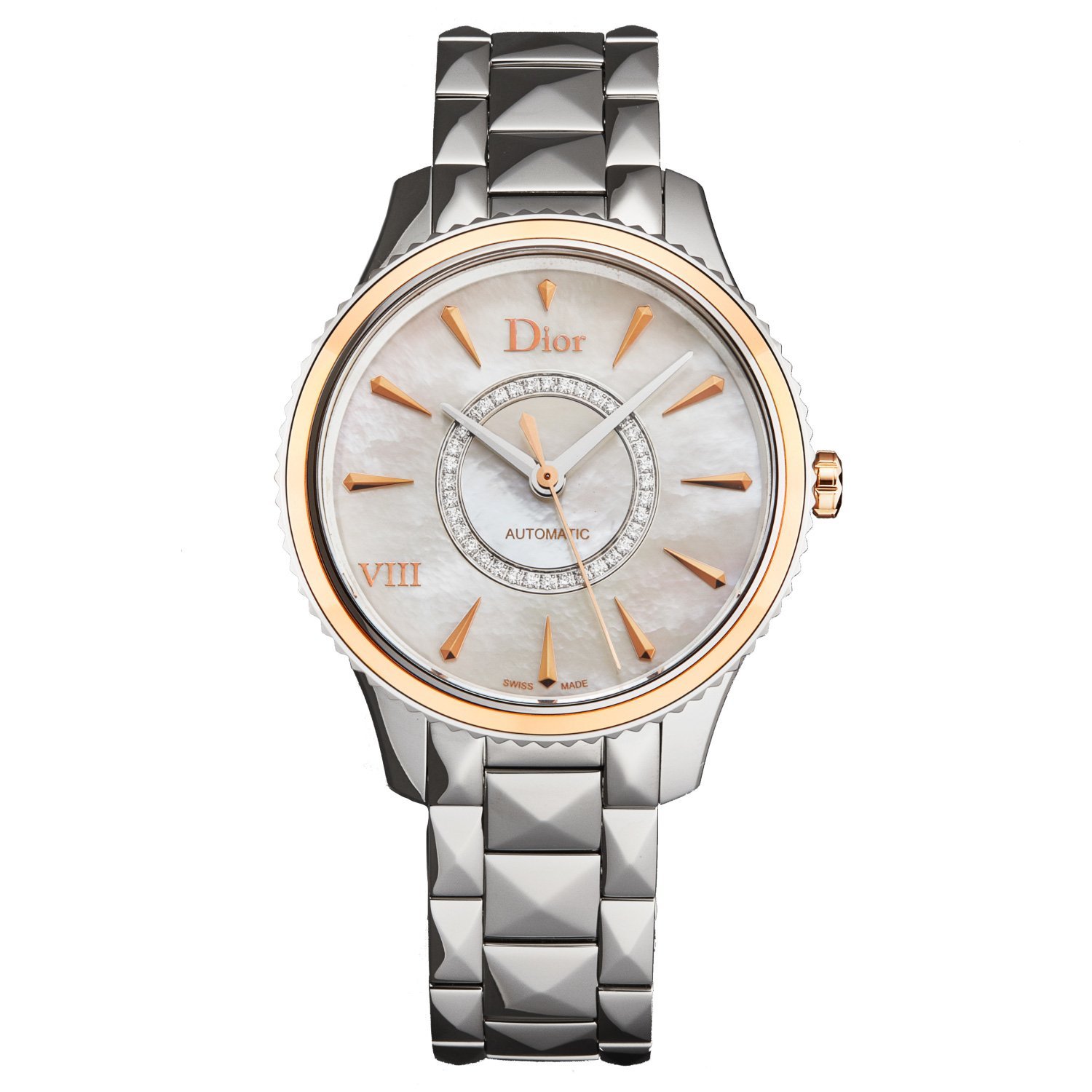 Christian Dior Women's CD1535I0M001 'Montaigne' watch featuring a diamond dial, rose gold bezel, and stainless steel band.