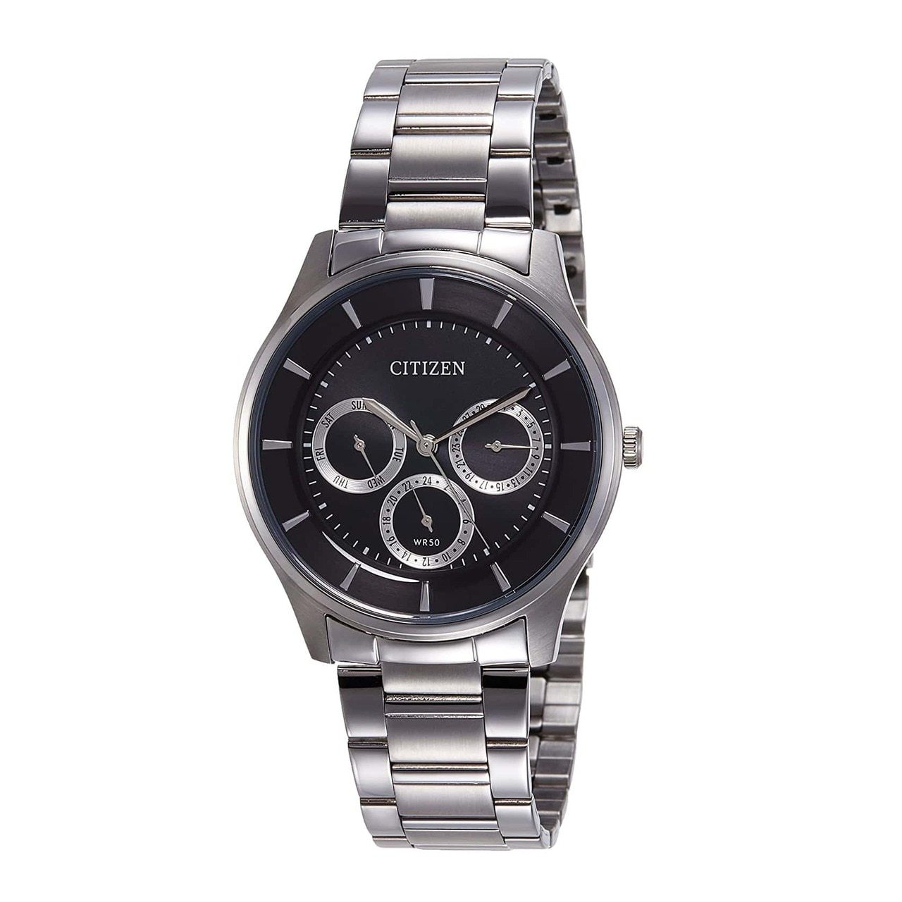 Citizen AG8351-51E Men's Chronograph Watch featuring a silver stainless steel case and black dial.