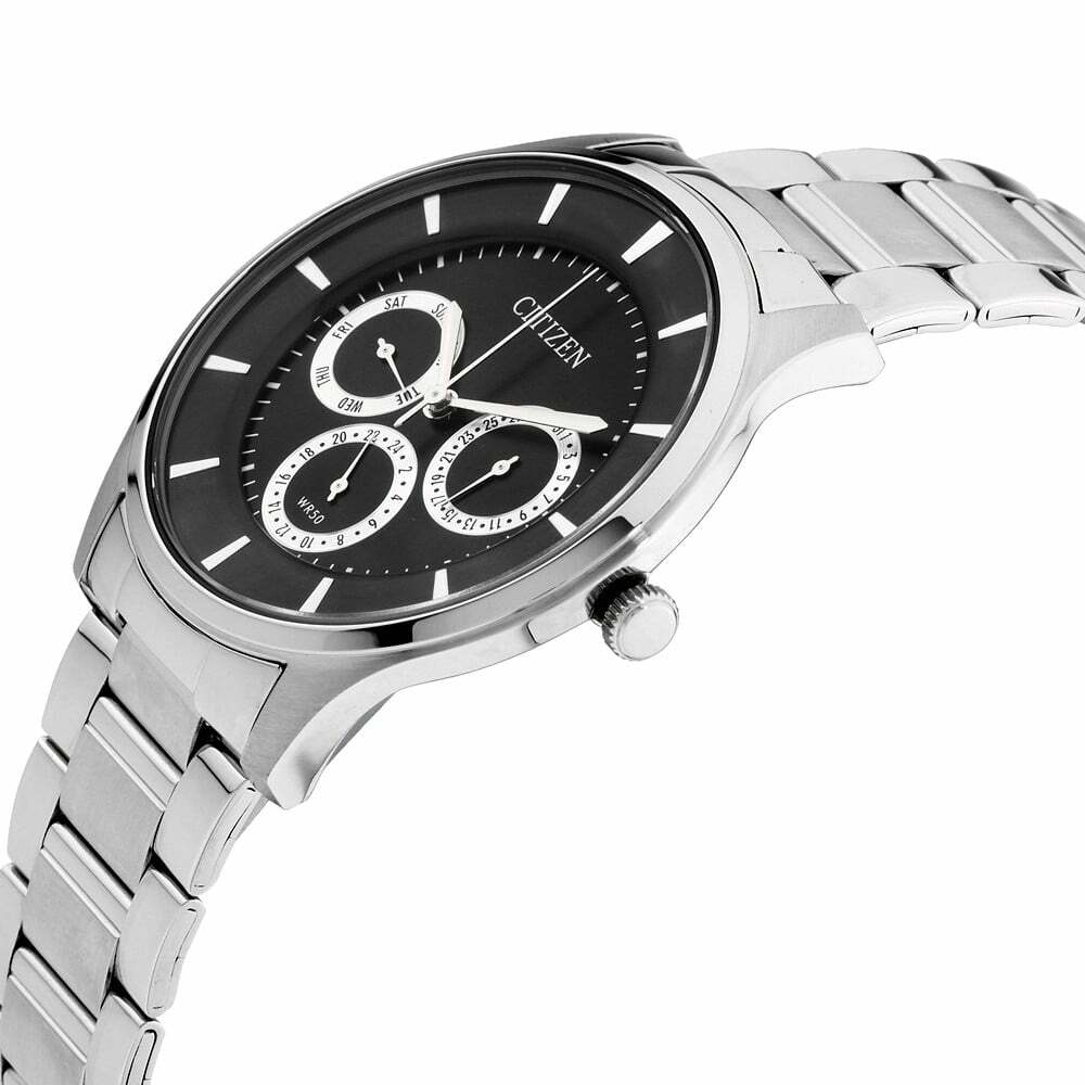 Citizen AG8351-51E Men's Chronograph Watch featuring a silver stainless steel case and black dial.