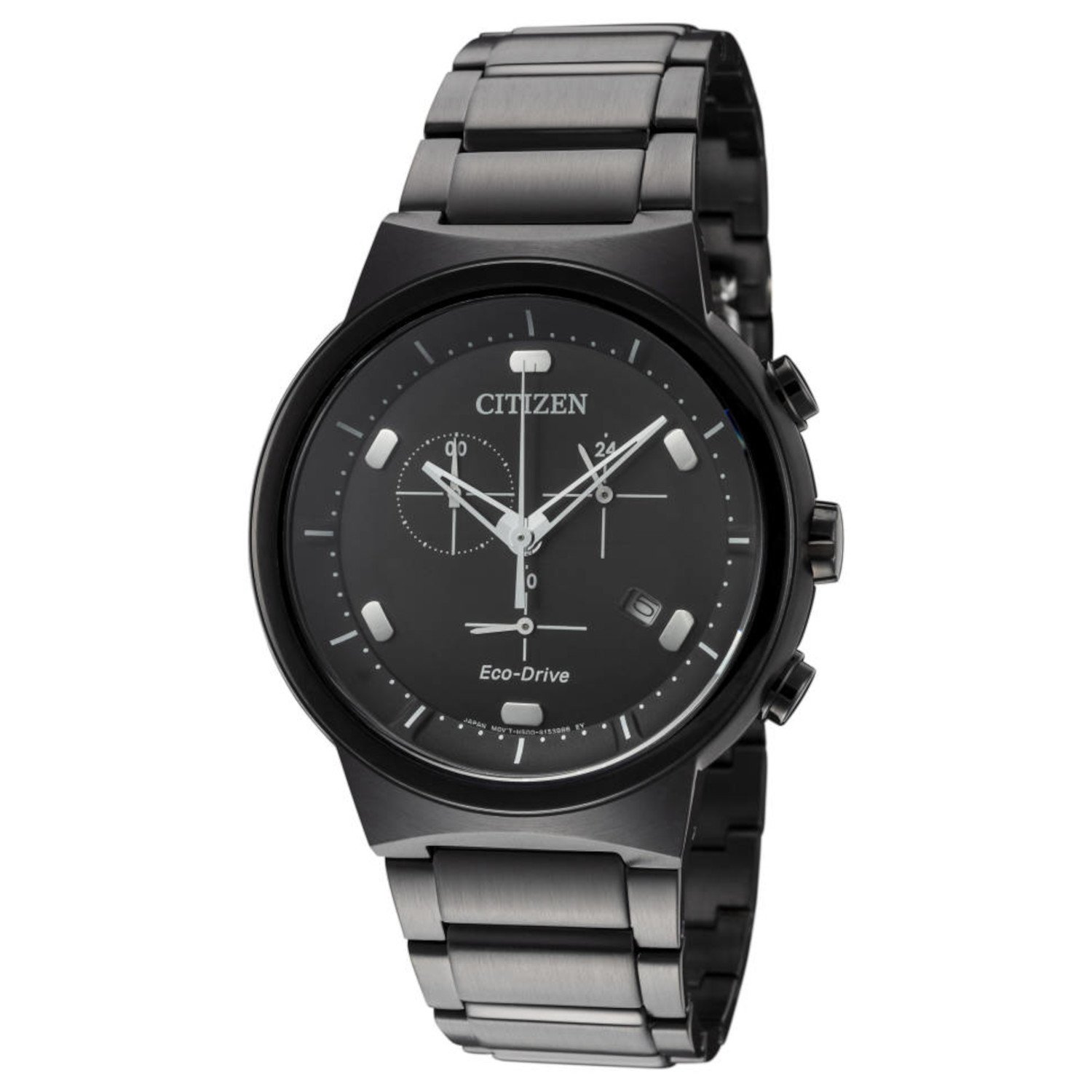 Citizen AT2405-87E Men's Eco-Drive watch with black ion-plated stainless steel and black dial, featuring chronograph functions.