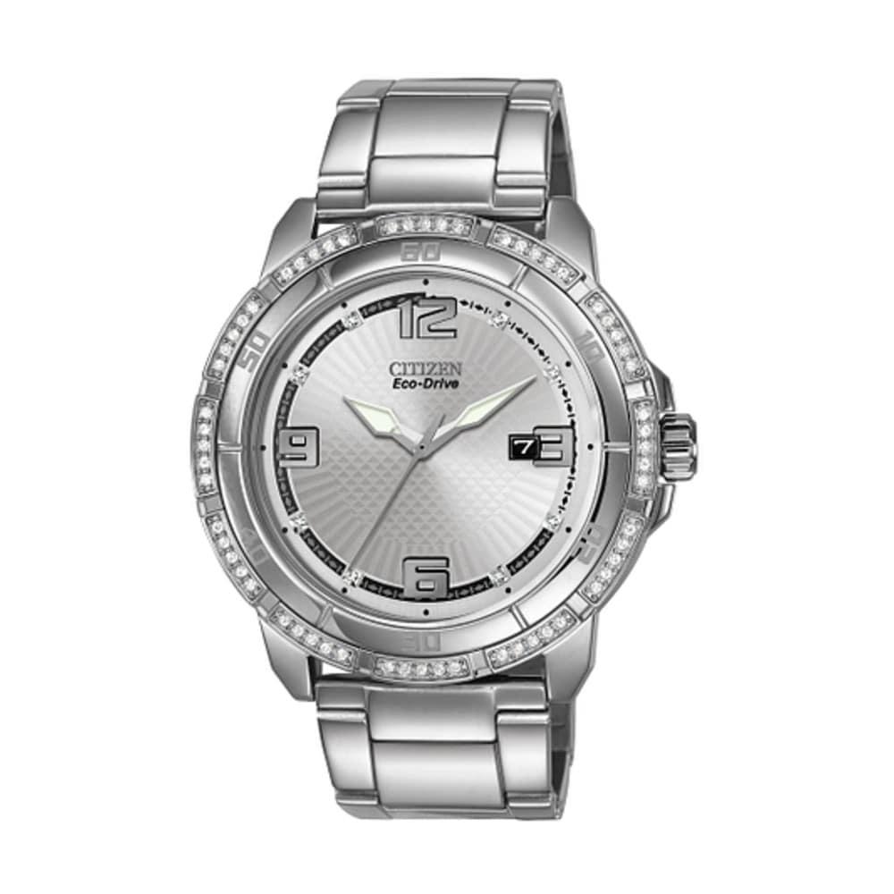 Citizen AW1340-52A Eco-Drive watch featuring a silver dial and Swarovski crystals, showcasing its elegant stainless steel design.