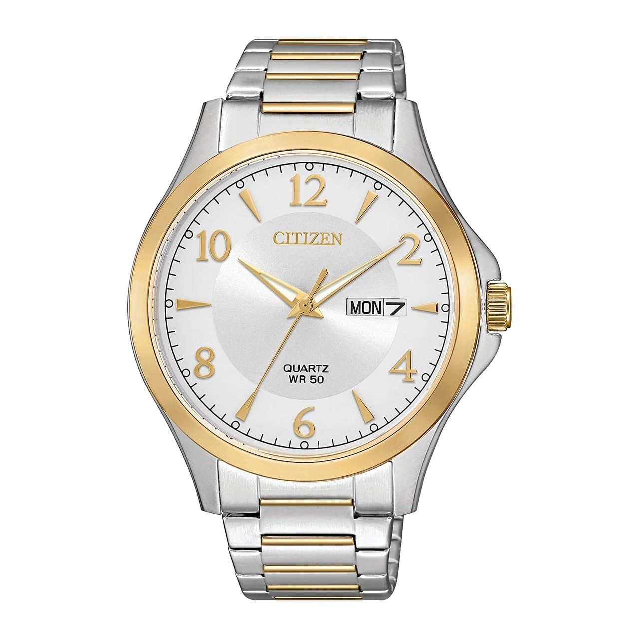 Citizen BF5004-93A Two Tone Stainless Steel Men's Quartz Watch featuring a white dial and gold bezel.