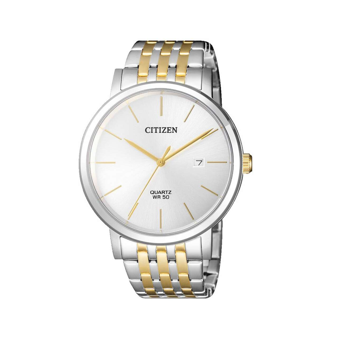 Citizen BI5074-56A Two Tone Stainless Steel Men's Quartz Watch with silver dial and stainless steel band.