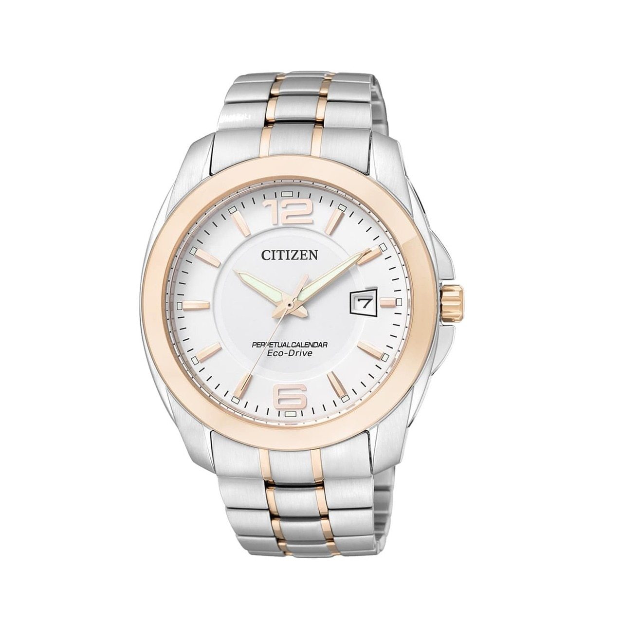 Citizen BL1248-57A watch featuring a two-tone stainless steel band and a white dial with perpetual calendar functionality.