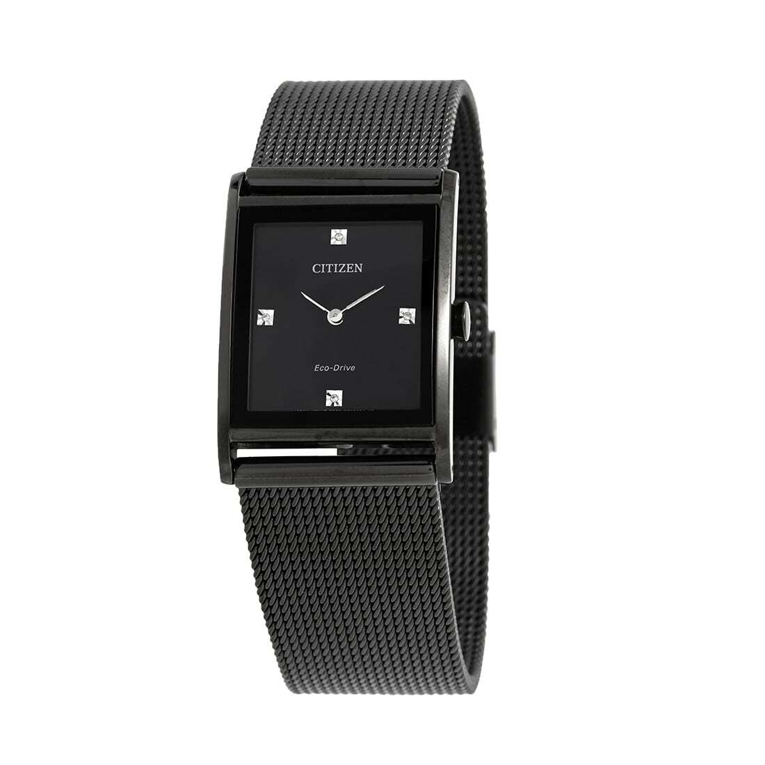 Citizen BL6008-53E Axiom watch featuring a black dial, stainless steel mesh band, and Swarovski crystals, showcasing modern elegance.