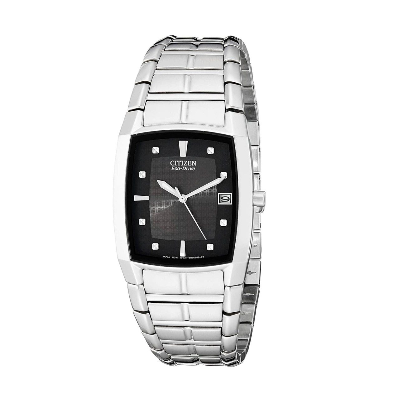 Citizen BM6550-58E Chandler watch featuring a black dial and silver stainless steel case, showcasing its elegant tonneau design.