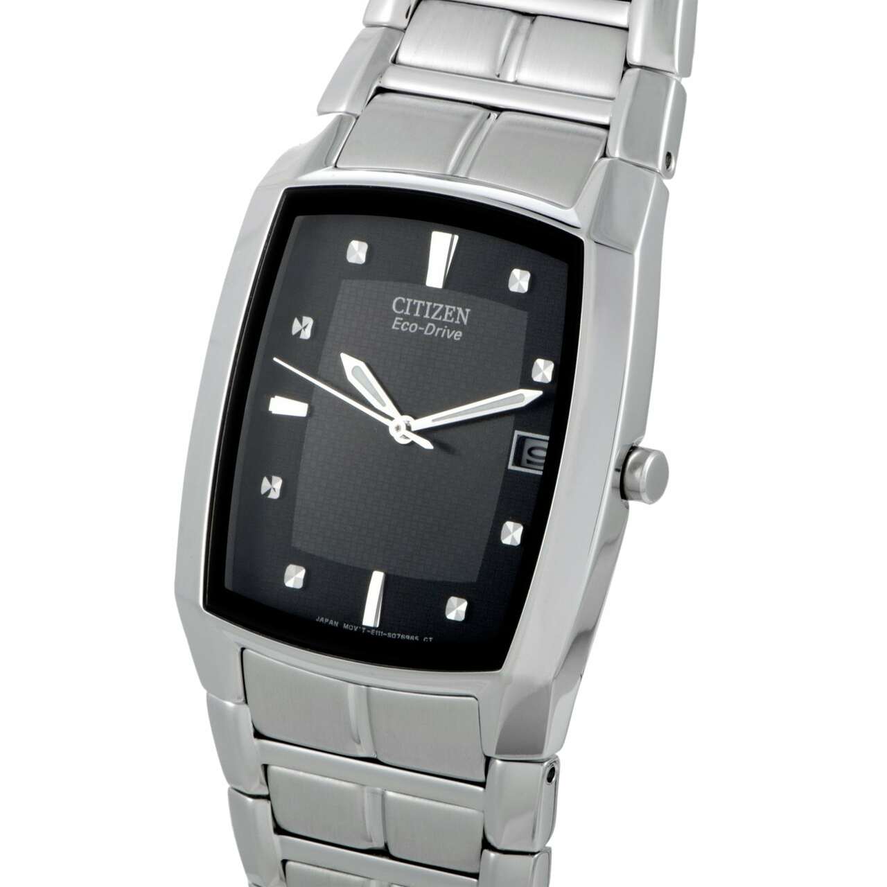 Citizen BM6550-58E Chandler watch featuring a black dial and silver stainless steel case, showcasing its elegant tonneau design.