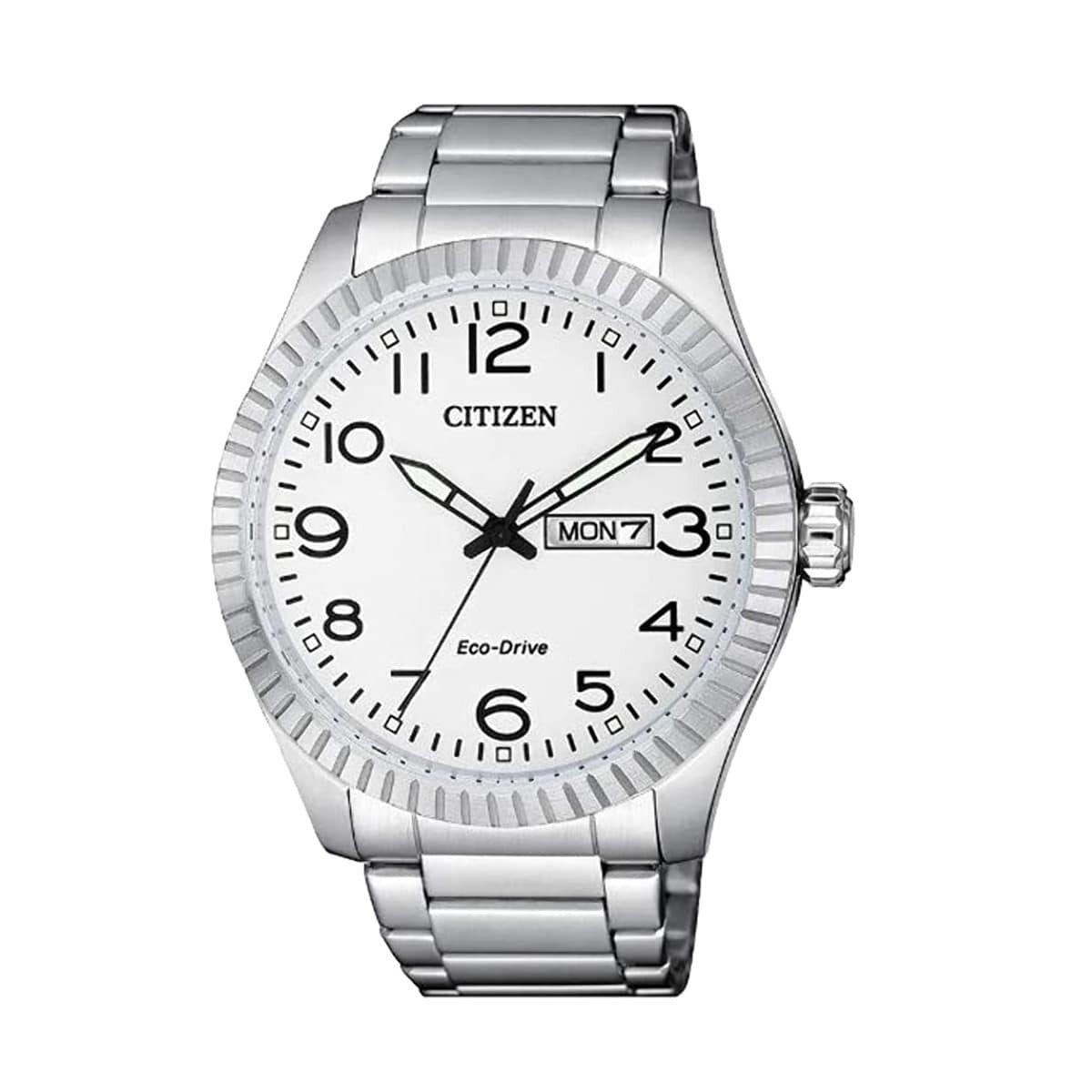 Citizen BM8530-89A Eco-Drive watch featuring a silver stainless steel case, white dial, and stainless steel band.