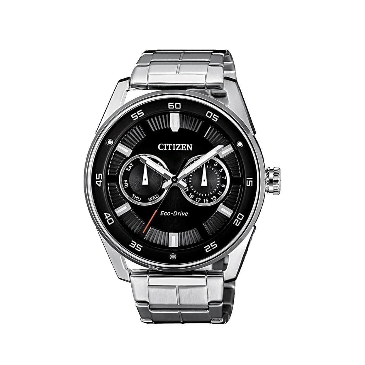 Citizen BU4027-88E Eco-Drive Watch featuring a black dial and silver stainless steel bracelet, showcasing its elegant design.