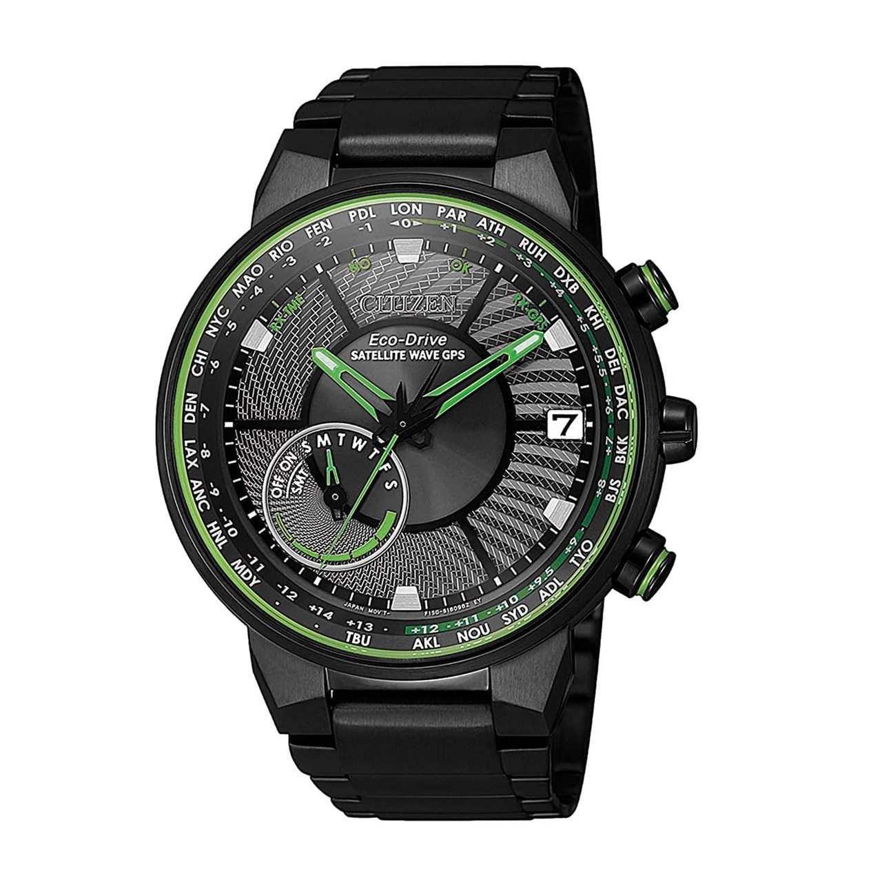 Citizen CC3075-80E Satellite Wave GPS watch with black IP stainless steel case and band, featuring a black dial and scratch-resistant mineral crystal.