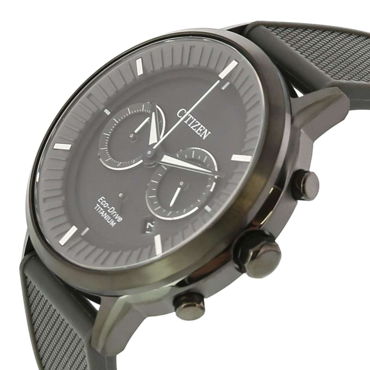 Citizen CA4405-17H Grey Dial Men's Silicone Titanium Chronograph Watch with a sleek design and durable materials.