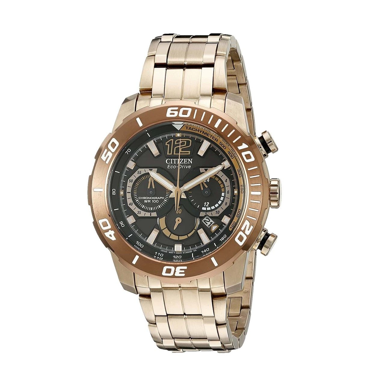 Citizen CA4086-56E Primo Stingray watch featuring a black dial, rose gold stainless steel bracelet, and chronograph functions.