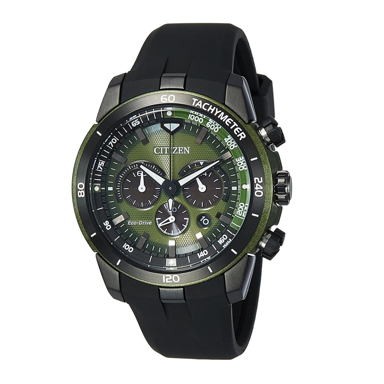 Citizen CA4156-01W Green Dial Black Rubber Men's Chronograph Tachymeter Watch showcasing a vibrant green dial and durable black rubber band.