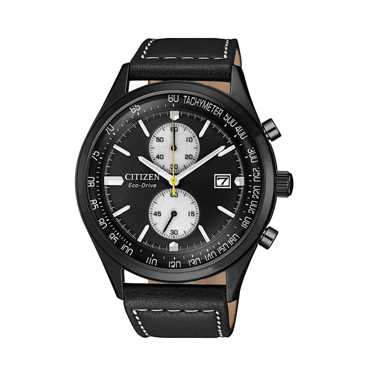 Citizen CA7027-08E Chandler Black Dial Men's Chronograph Leather Watch featuring a black dial, gray-tone stainless steel case, and black leather strap.