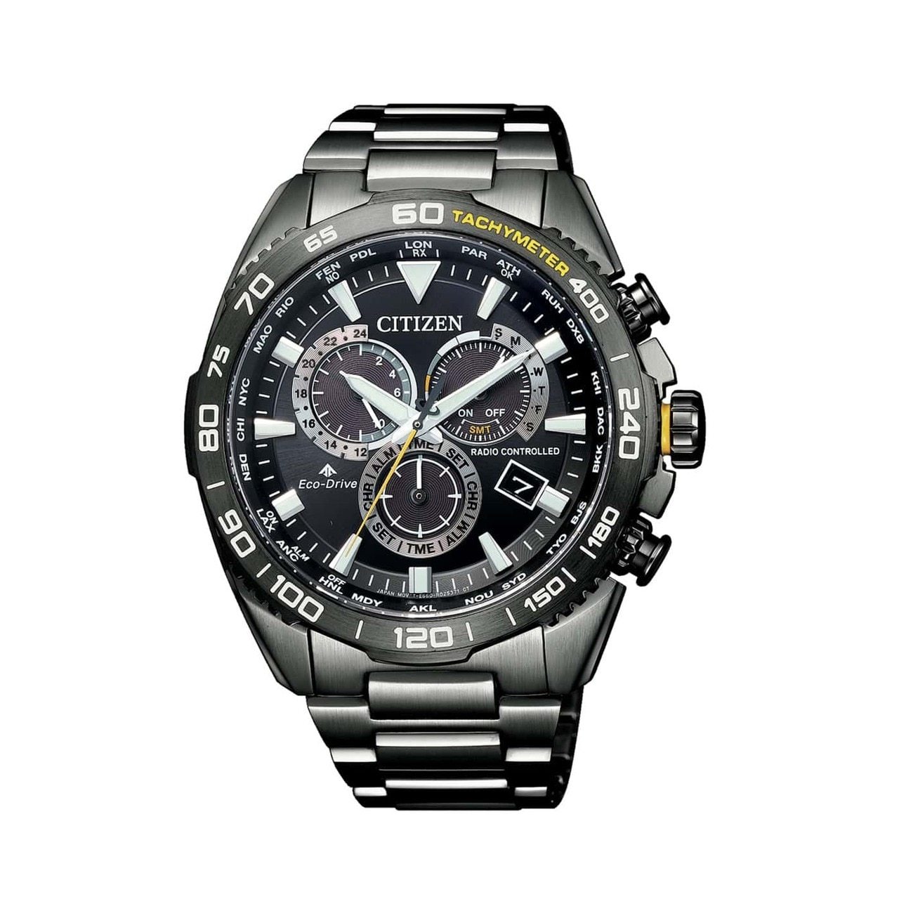 Citizen CB5037-84E Promaster Land watch with black dial and stainless steel bracelet, featuring chronograph and tachymeter functions.