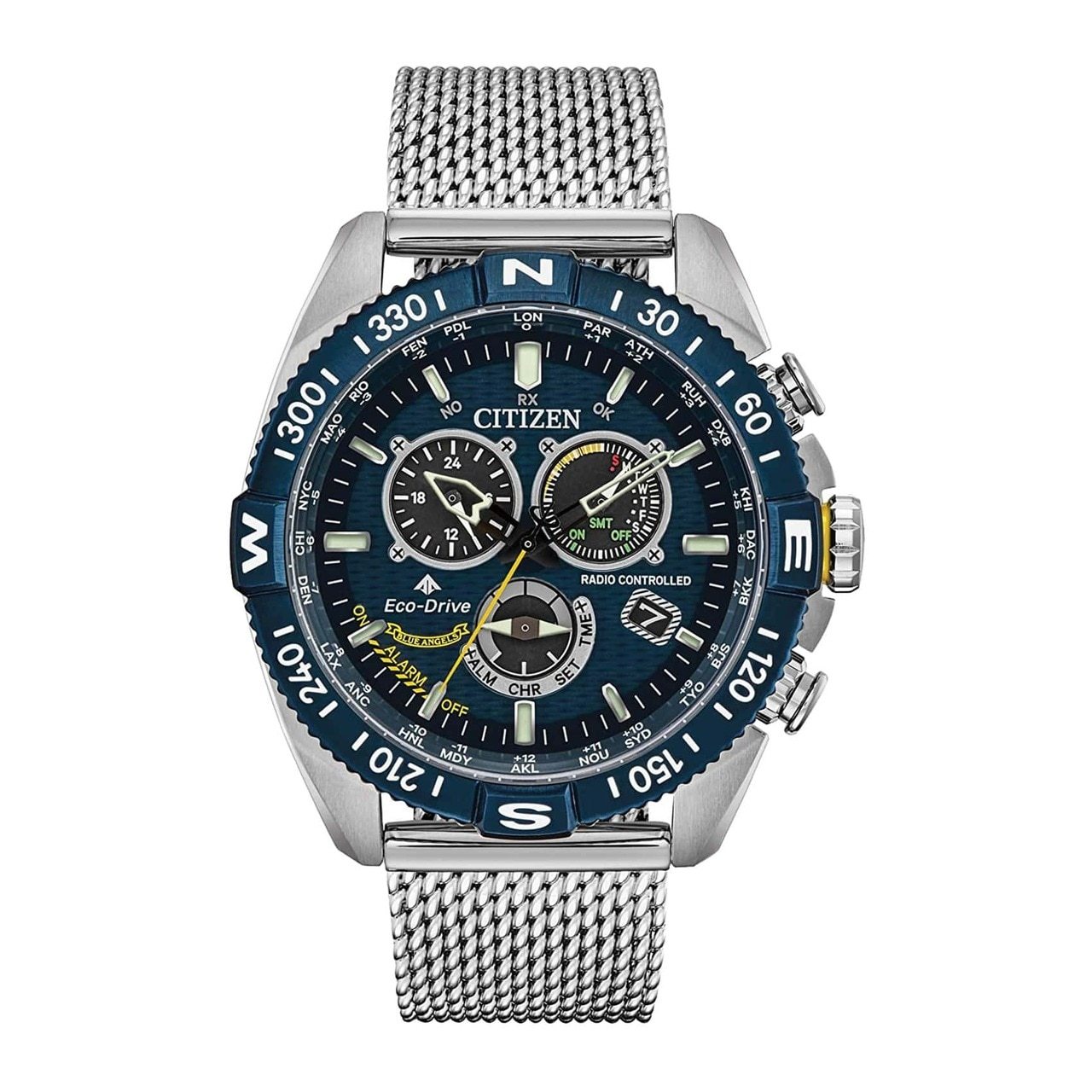 Citizen CB5848-57L Promaster Navihawk watch with stainless steel case, navy blue dial, and yellow accents on a mesh bracelet.