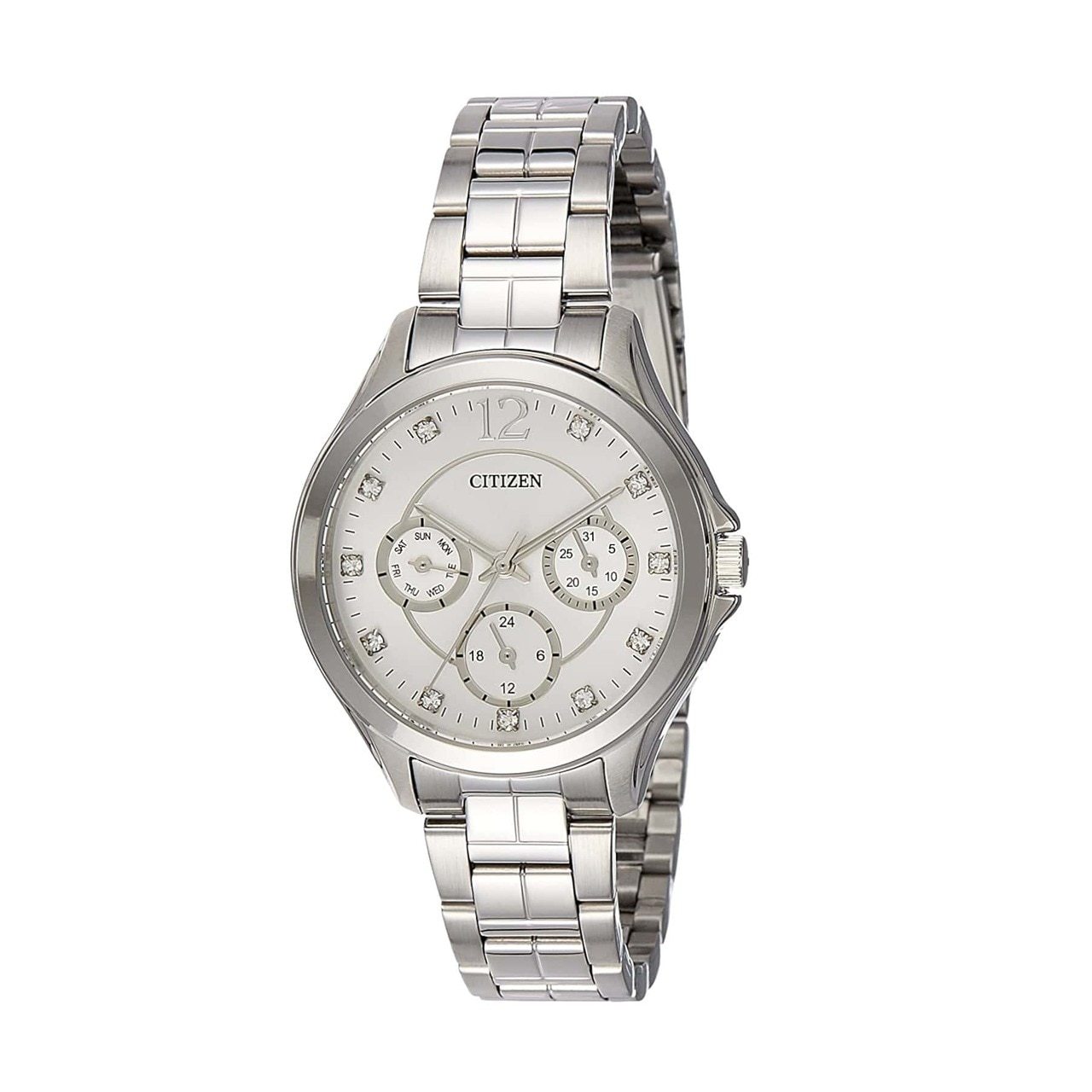 Citizen ED8140-57A Women's Multi-Function Watch with silver stainless steel band and white dial, featuring a scratch-resistant mineral crystal.