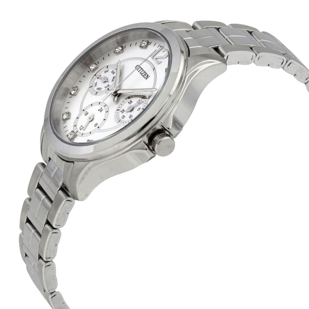 Citizen ED8140-57A Women's Multi-Function Watch with silver stainless steel band and white dial, featuring a scratch-resistant mineral crystal.