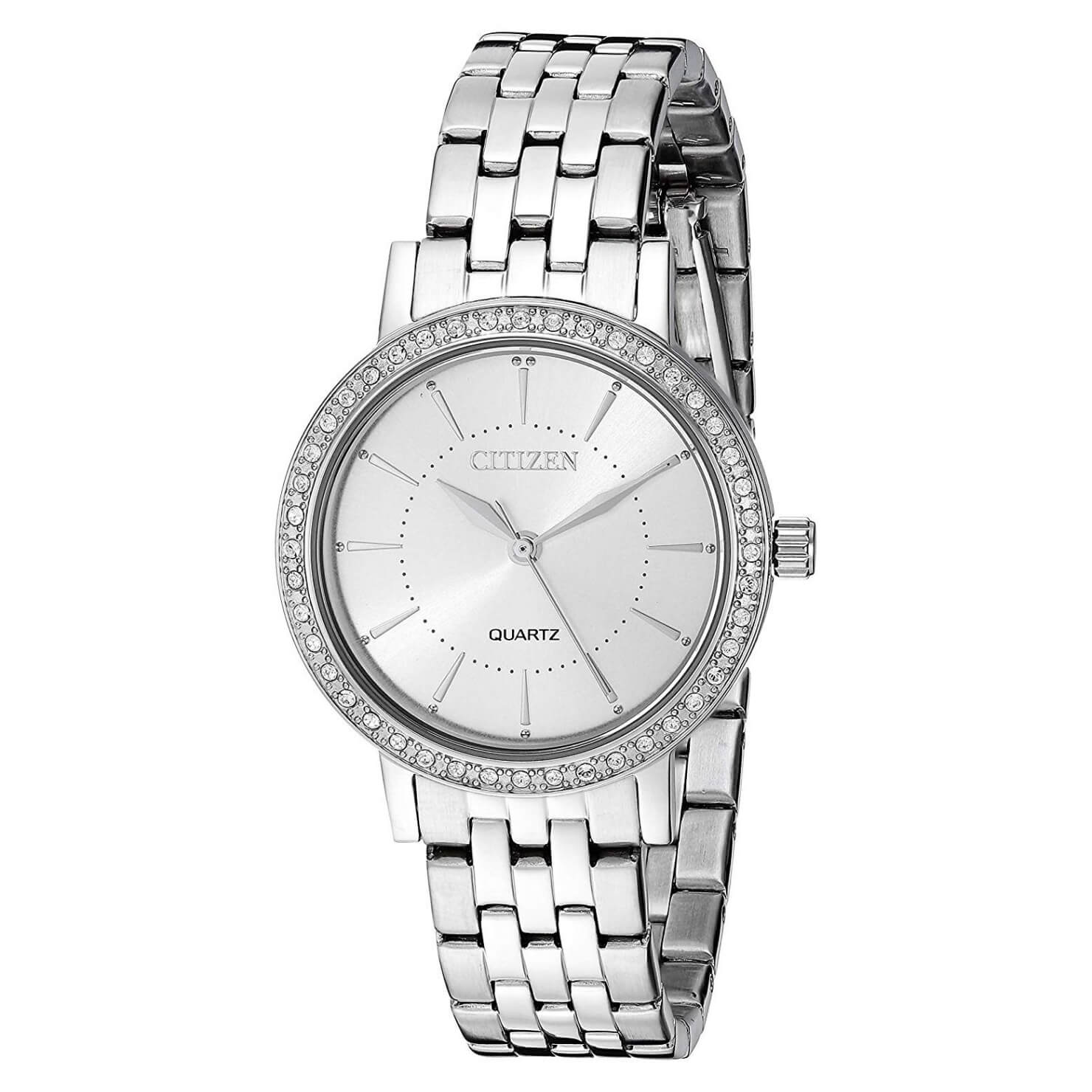 Citizen EL3040-80A Women's watch featuring a stainless steel band and diamond accents on a silver dial.