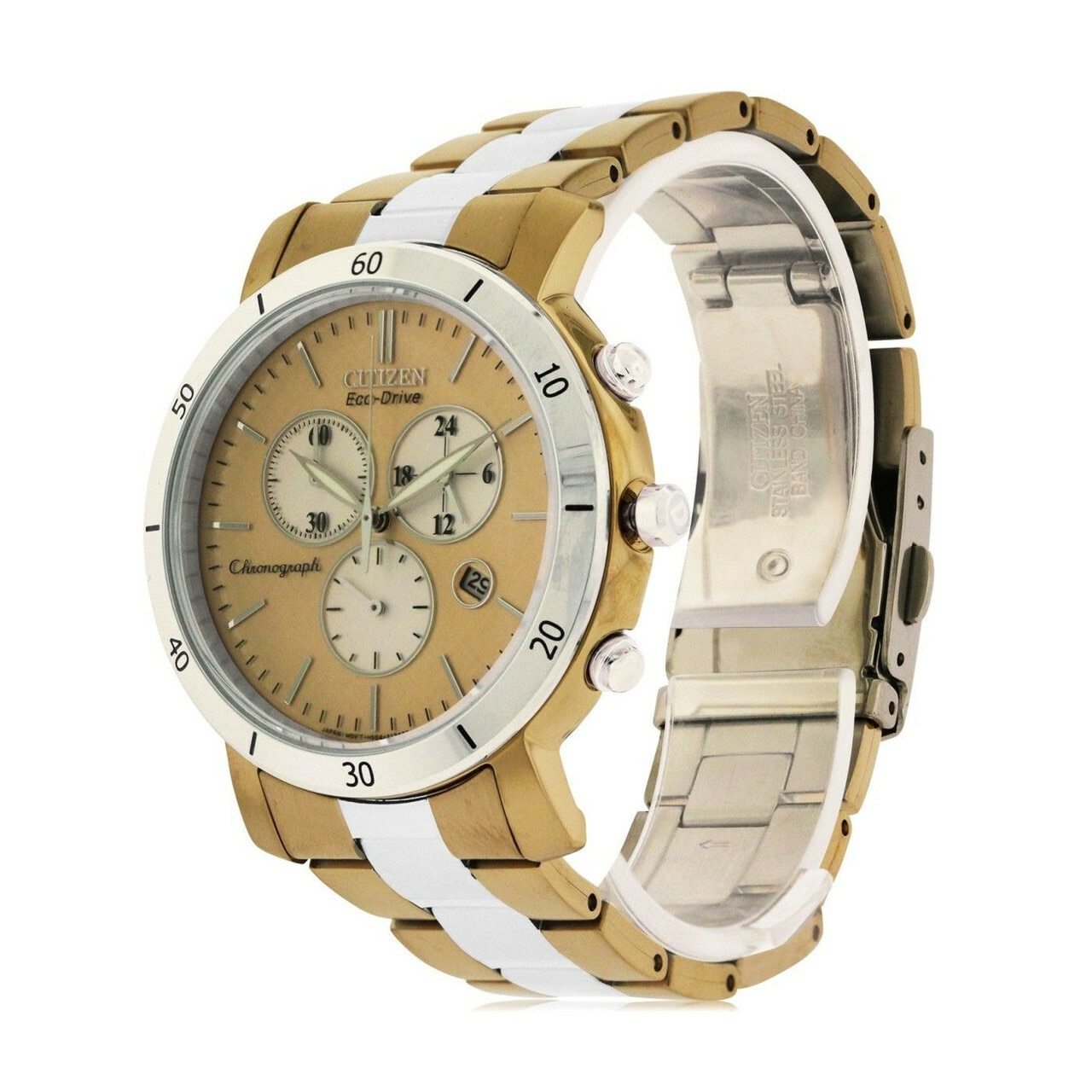 Citizen FB1346-55Q Eco Drive women's watch featuring a two-tone stainless steel band and rosegold dial with chronograph functionality.