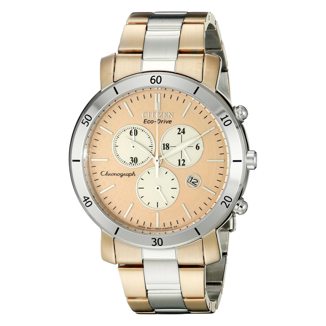 Citizen FB1346-55Q Eco Drive women's watch featuring a two-tone stainless steel band and rosegold dial with chronograph functionality.