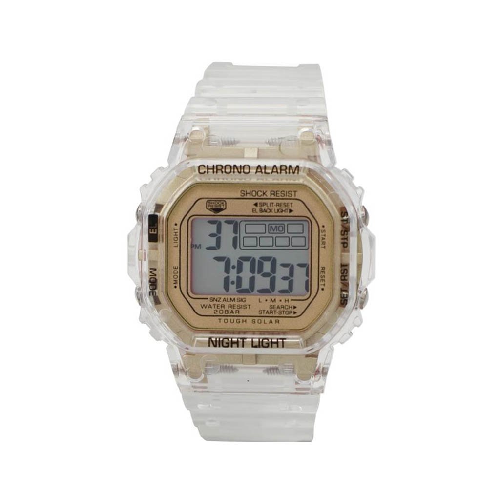 Clifton Smokey Transparent LCD Watch with Gold Face and Silicon Band, showcasing a stylish design.