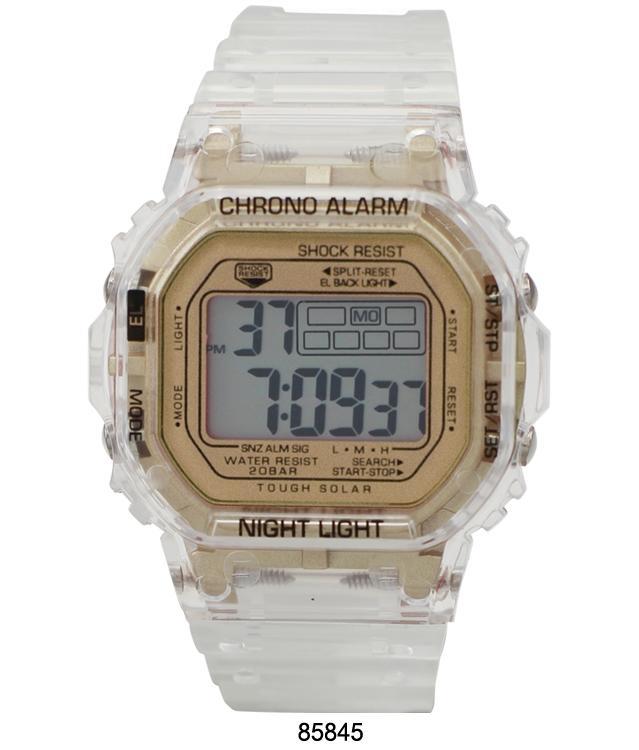 Clifton Smokey Transparent LCD Watch with Gold Face and Silicon Band, showcasing a stylish design.