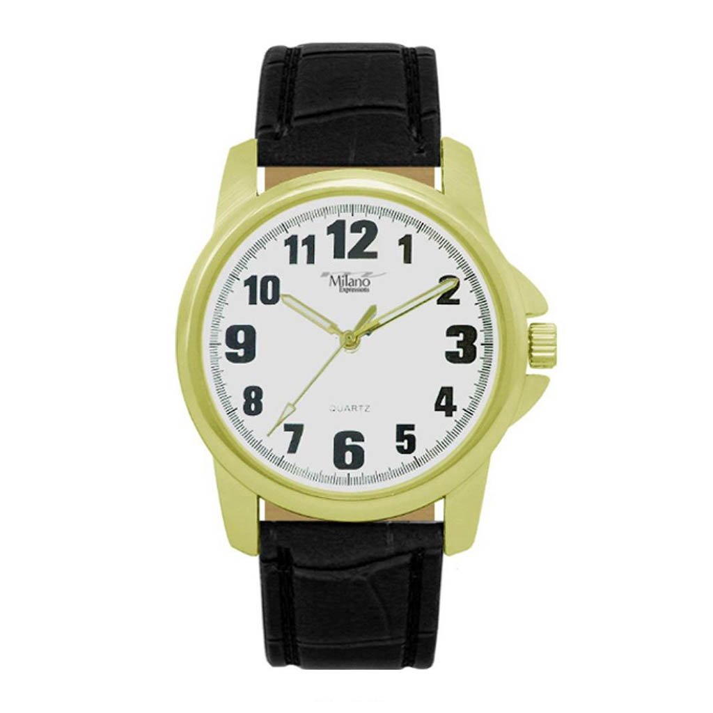 Clinton Black Faux Leather Strap Watch featuring a gold alloy case and white dial, showcasing elegance and style.