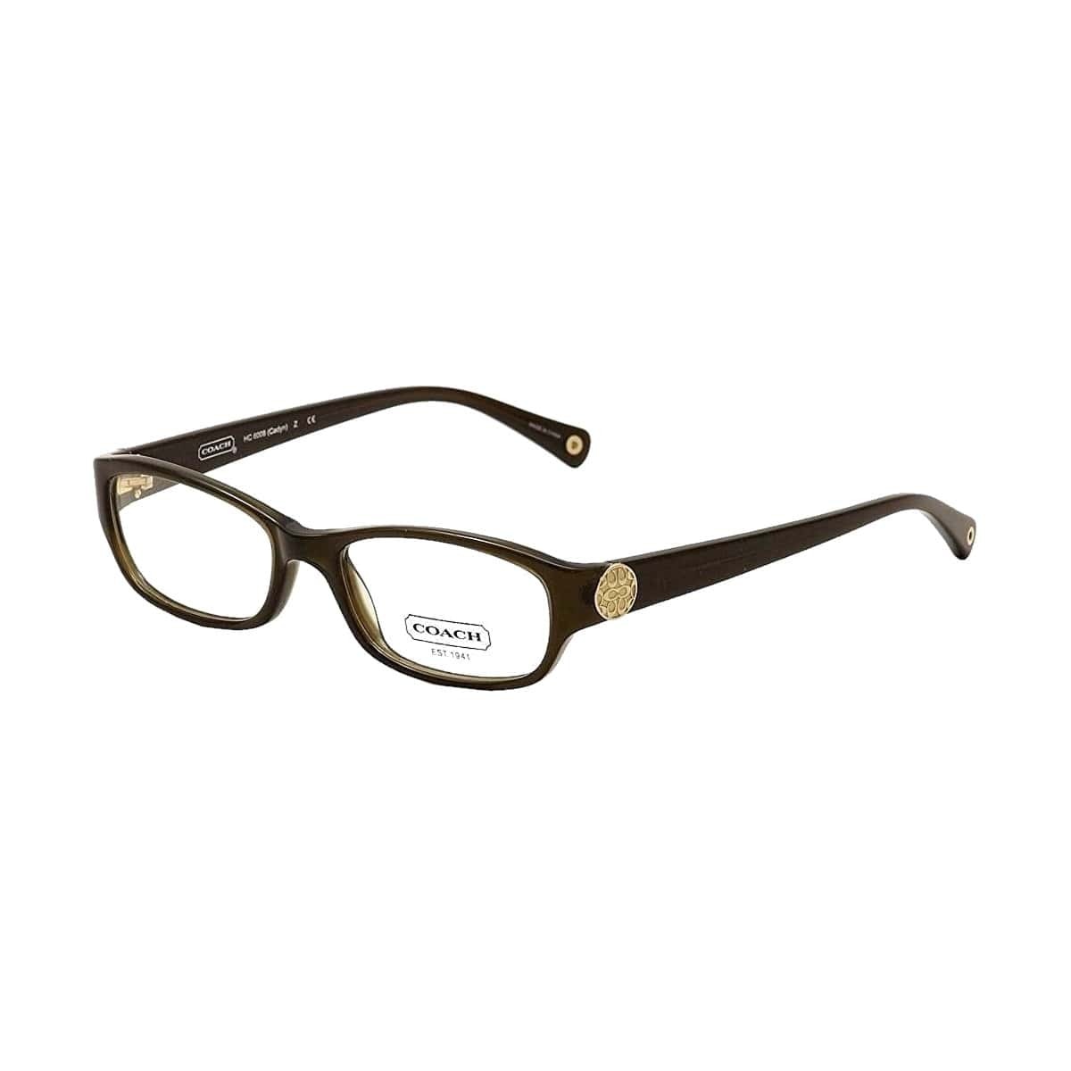 Coach HC6008-5030 Dark Olive Rectangular Women's Plastic Eyeglasses displayed with a stylish case and paperwork.