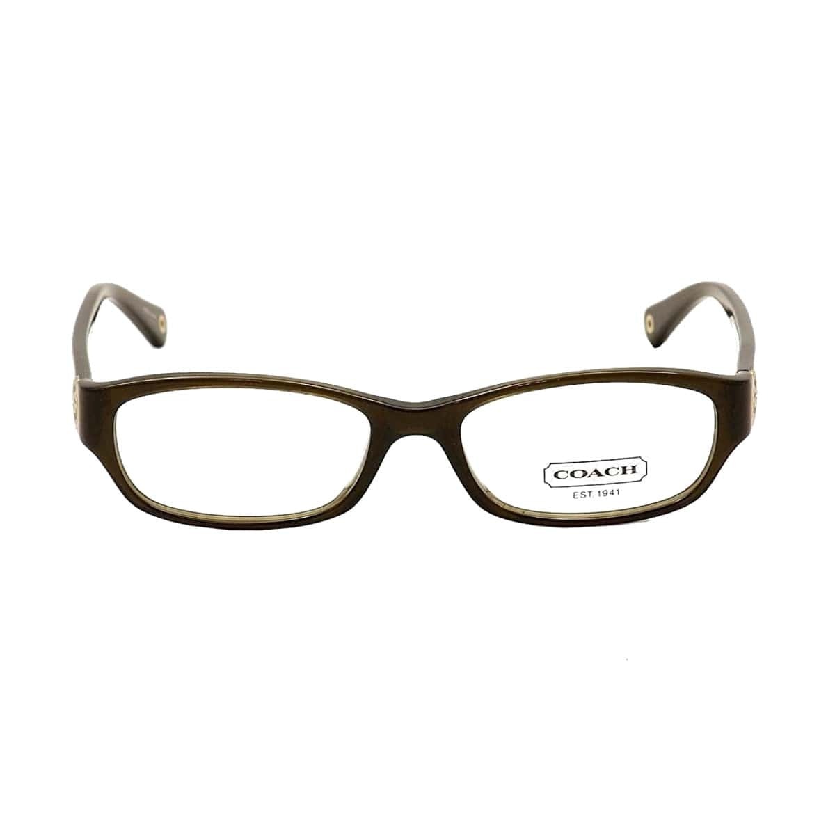 Coach HC6008-5030 Dark Olive Rectangular Women's Plastic Eyeglasses displayed with a stylish case and paperwork.