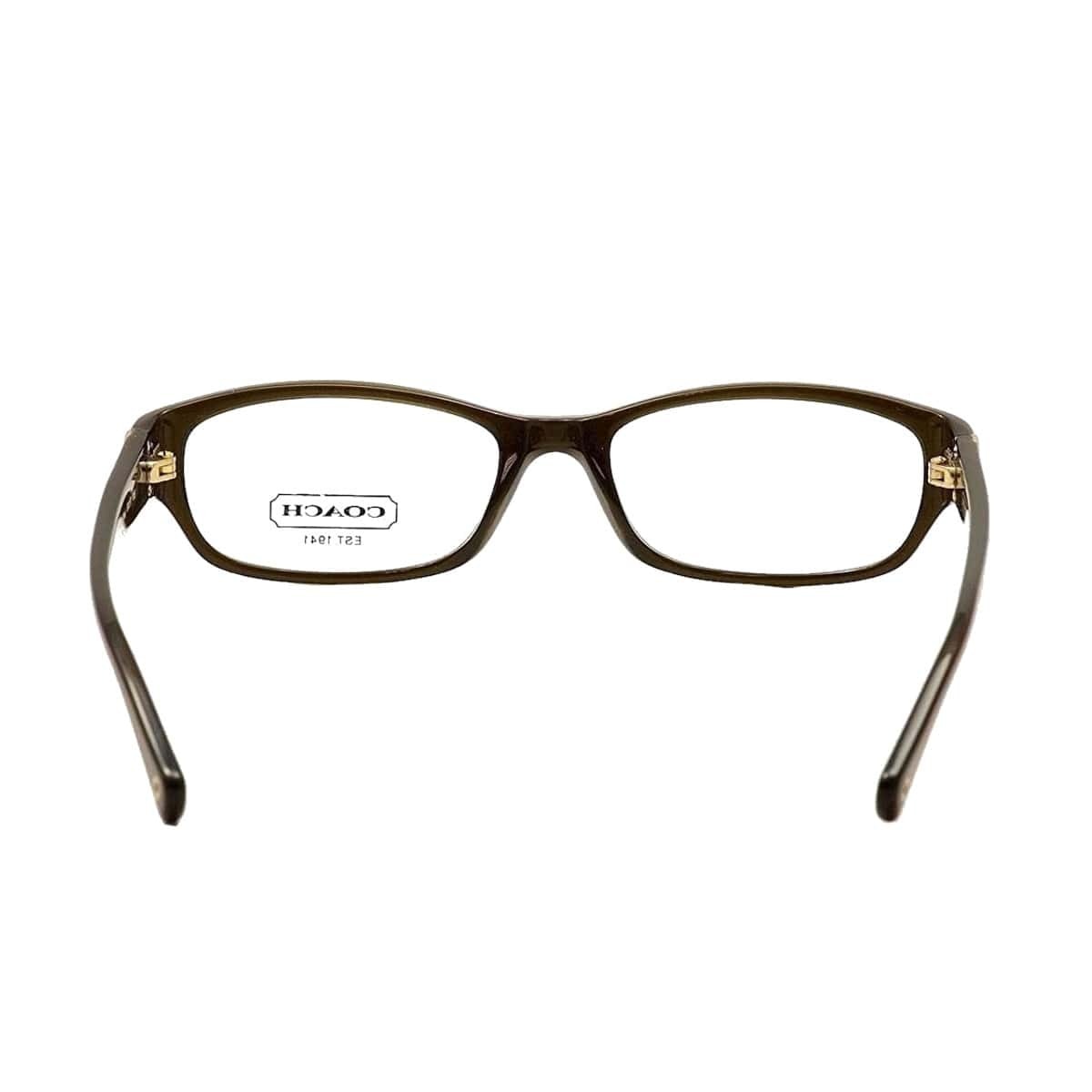 Coach HC6008-5030 Dark Olive Rectangular Women's Plastic Eyeglasses displayed with a stylish case and paperwork.