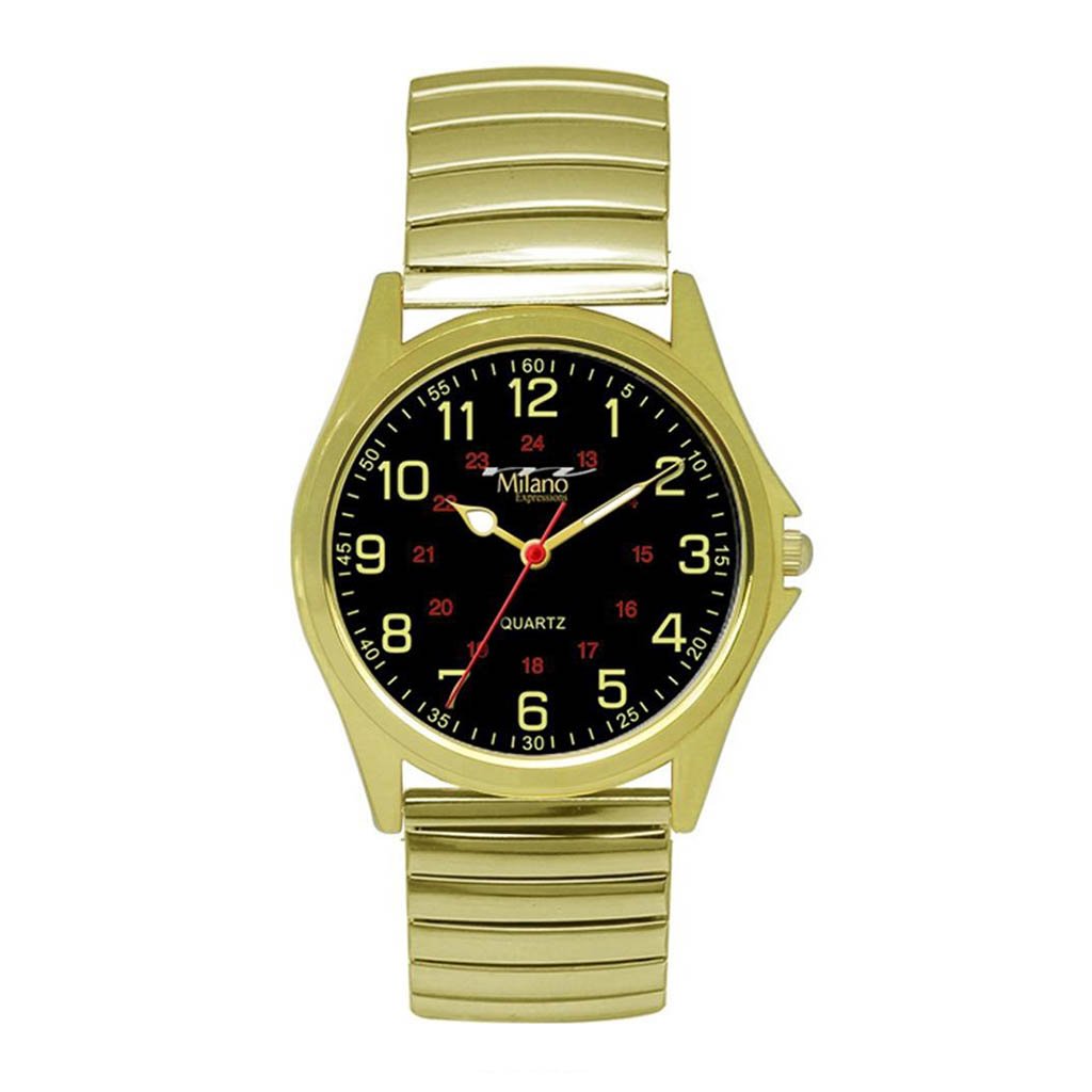 Columbia M Milano Expressions Gold Flex Band Watch featuring a sleek black dial and stainless steel band.