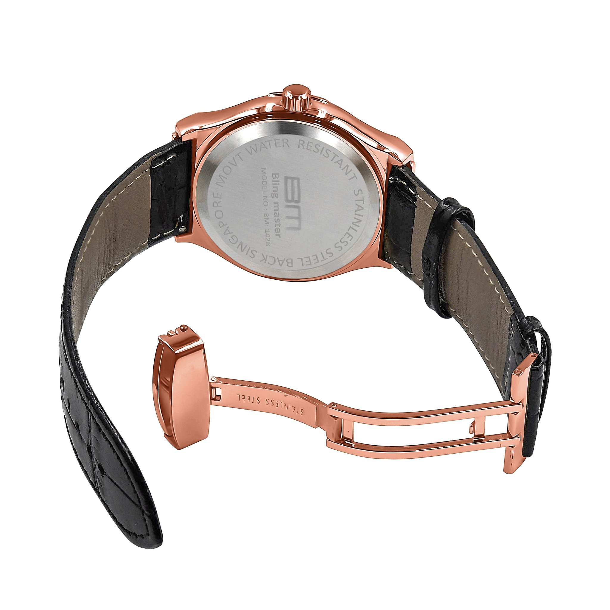 Conspicuous Bling Leather Watch featuring a golden frame, refulgent dial, and a comfortable black leather band.