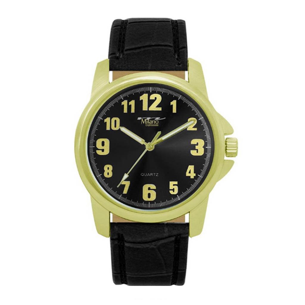 Cooperstown Black Faux Leather Strap Watch with Gold Case and Black Dial, showcasing elegant design and eco-friendly materials.