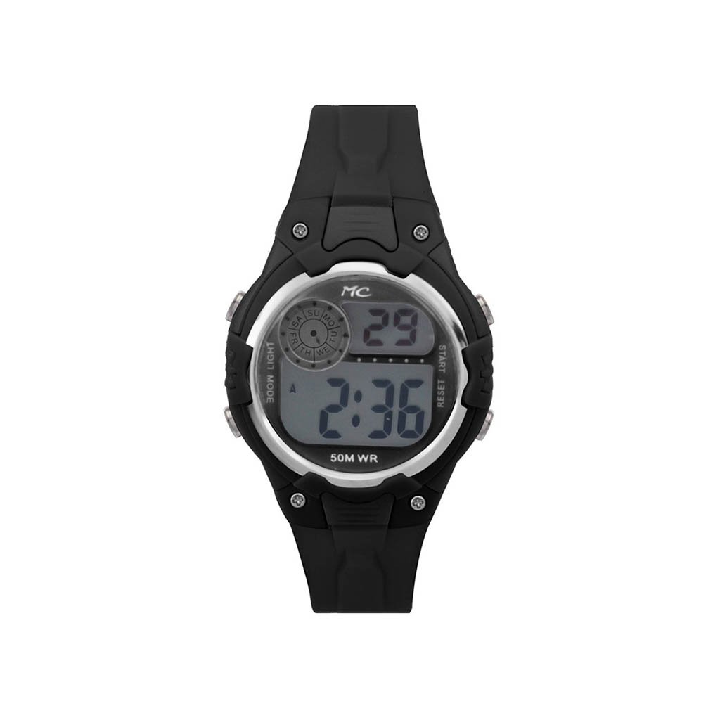 Montres Carlos Black 3ATM Sports Digital Watch with silicon case and band, featuring an LCD display.