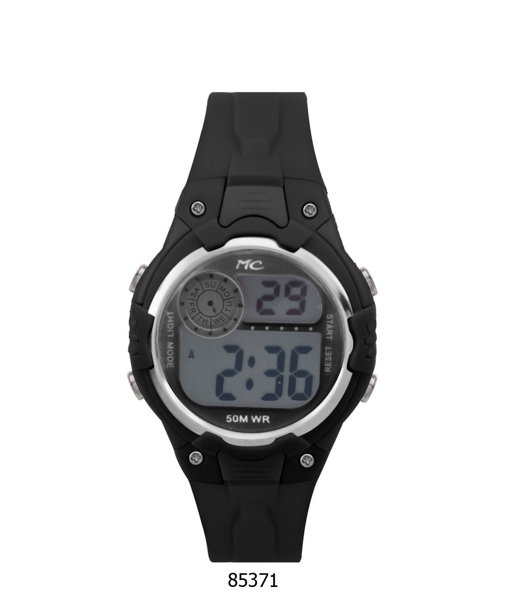 Montres Carlos Black 3ATM Sports Digital Watch with silicon case and band, featuring an LCD display.