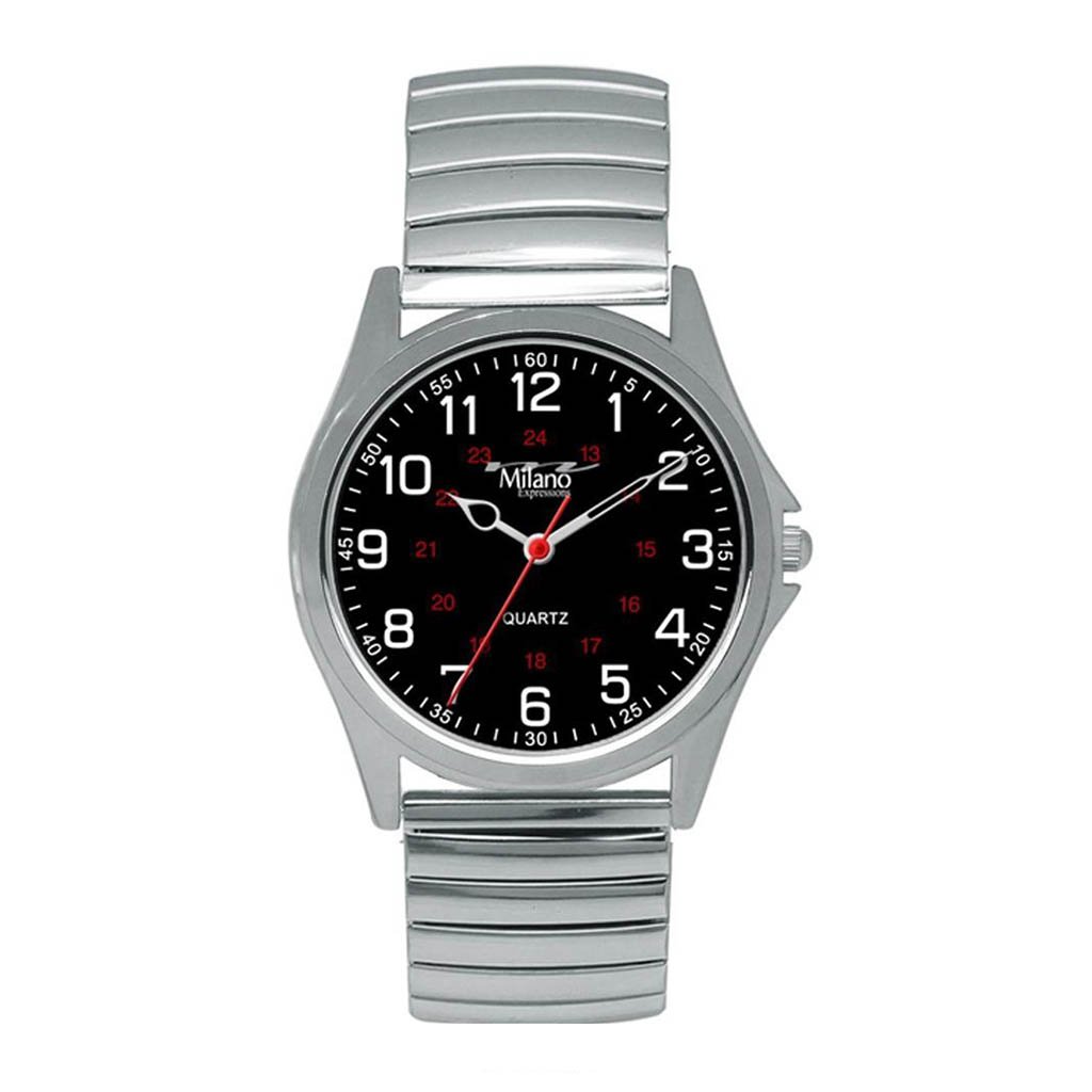 Cumberland Silver Flex Band Watch featuring a sleek black dial and stainless steel band, showcasing elegance and style.