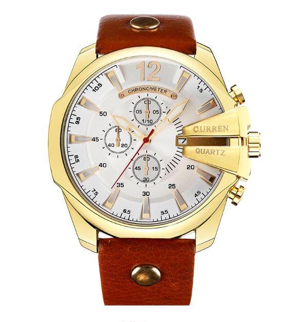 Curren Classic Leather Watch featuring decorative sub dials and a luxurious leather strap, showcasing its elegant design.