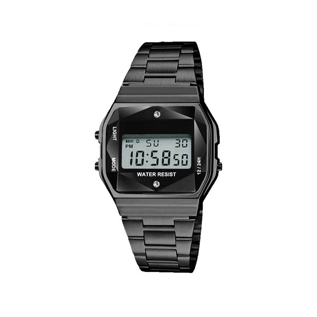 Davis Black Sports Metal Band Watch featuring a black metal case and LCD display, ideal for sports and casual wear.