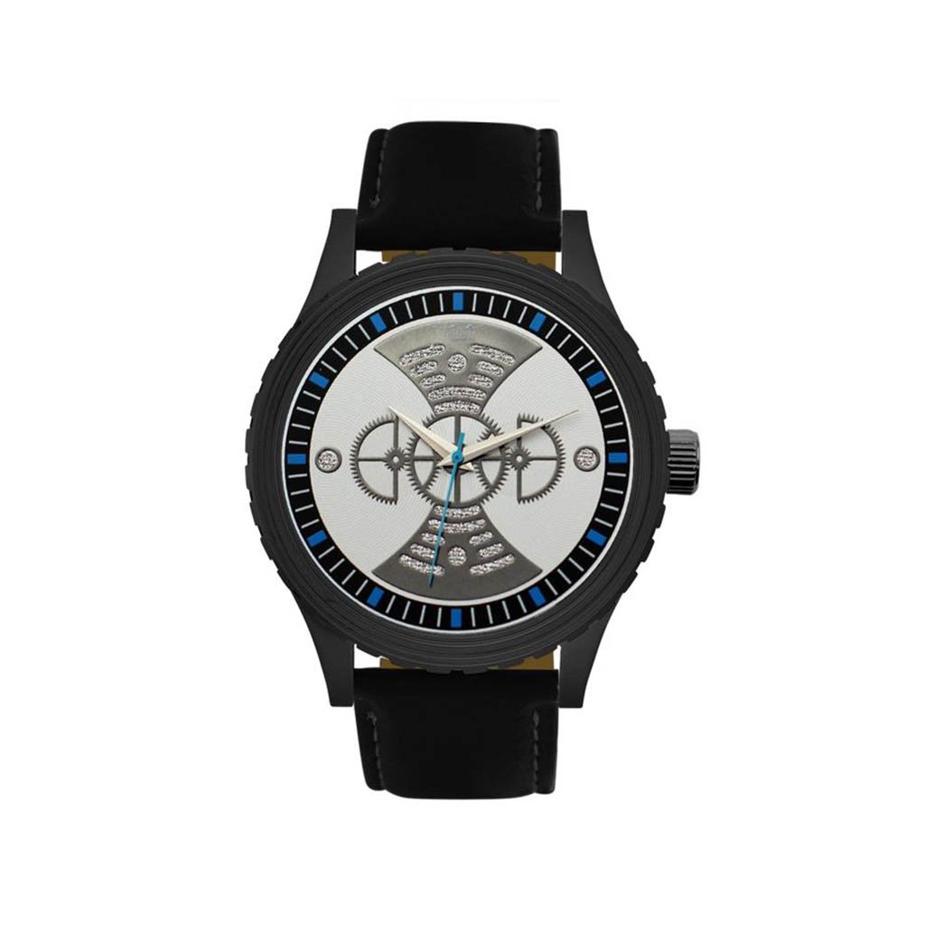 M Milano Expressions Black Vegan Leather Band Watch featuring a gun case and dial with blue accents, showcasing its stylish design.