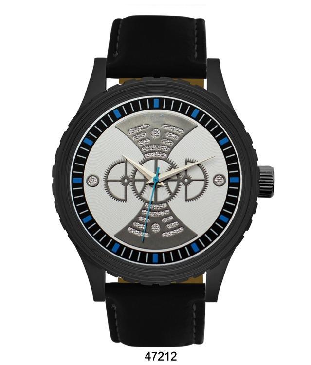 M Milano Expressions Black Vegan Leather Band Watch featuring a gun case and dial with blue accents, showcasing its stylish design.