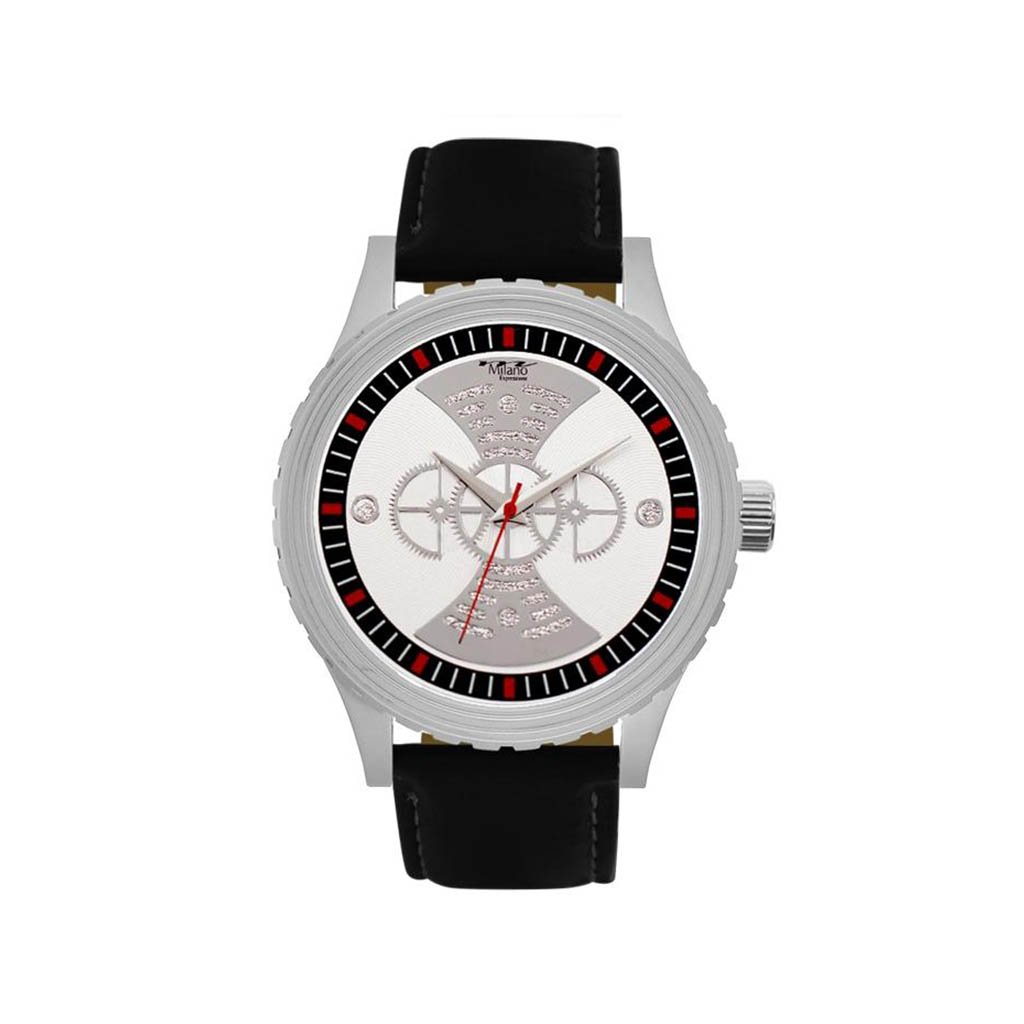 Dixon Black Vegan Leather Band Watch with Silver Case and Dial featuring Red Accents, showcasing its elegant design.