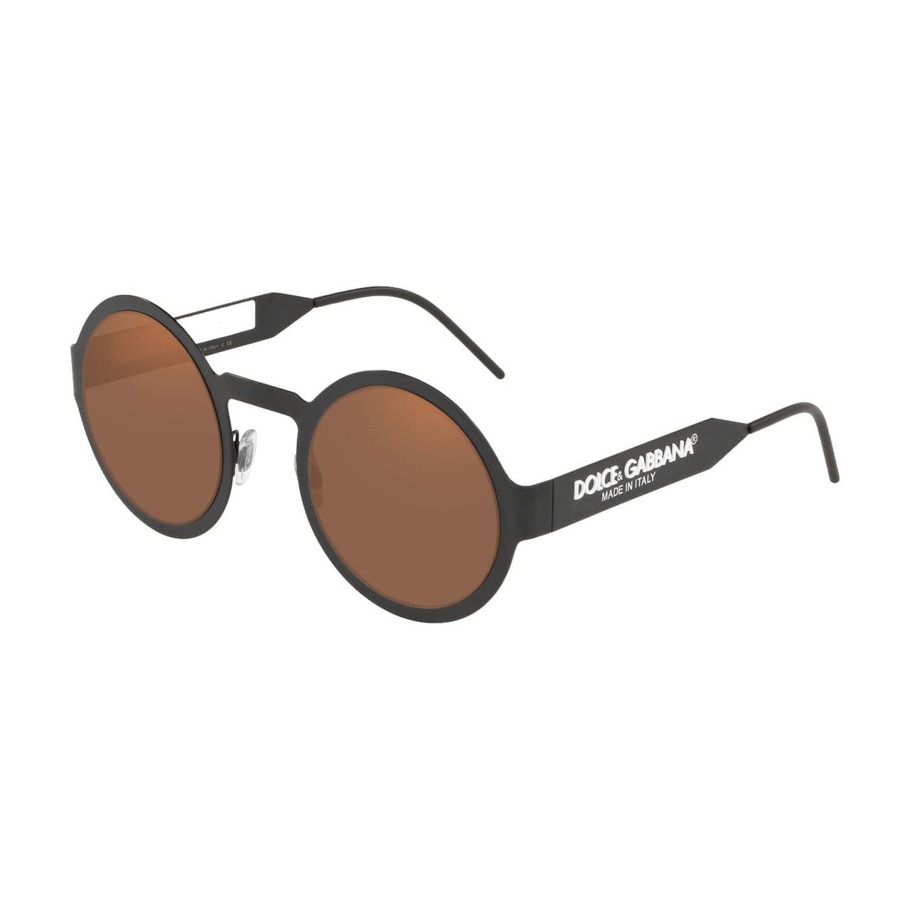 Dolce & Gabbana DG2234-1106/O Matte Black Round Sunglasses with Brown Metallic Orange lenses, showcasing a stylish design.