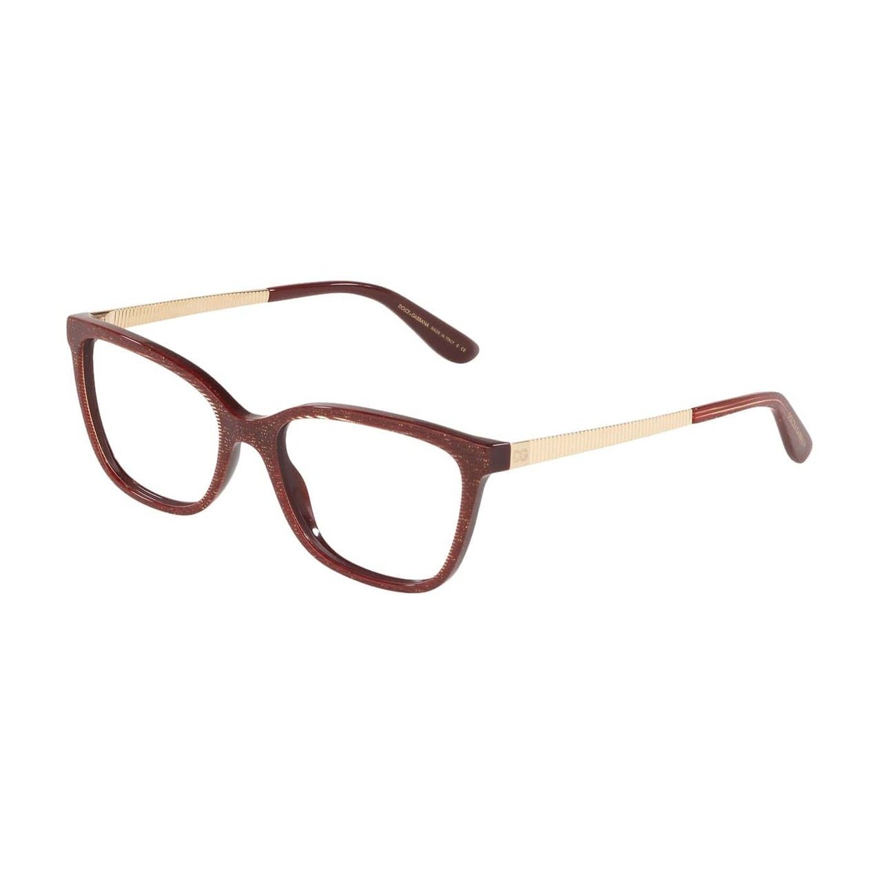 Dolce & Gabbana DG3317-3219 eyeglasses featuring glitter gold striped bordeaux acetate frame in a rectangular shape.