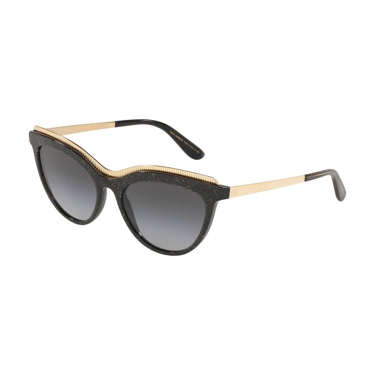 Dolce & Gabbana DG4335-32188G Glitter Gold Striped Black Cat-Eye Grey Gradient Sunglasses showcasing a stylish cat-eye design.